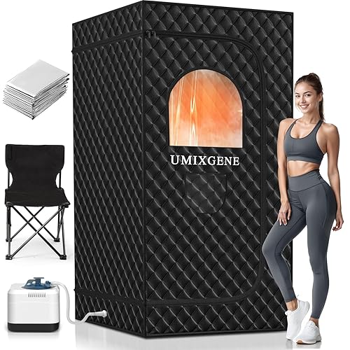 UMIXGENE Sauna Box,Portable Sauna for Home use with Ten Aluminium foil Heating Blankets，Personal Steam Sauna with 3L Steamer, 9 Levels, Folding Chair，Extra Large Size (36 * 36 * 71inch) - Black
