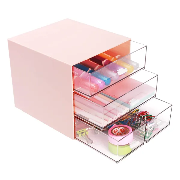 Comix Desk Organizer with Drawer, Desk Storage Box with 4 drawers, Plastic Office Stationery Supplies Organizers, Desktop Organizer for Office School Home (Pink)