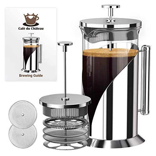 Original French Press Coffee & Tea Maker - 34oz Versatile Press with 4 Level Filtration, BPA Free Stainless Steel by Cafe Du Chateau