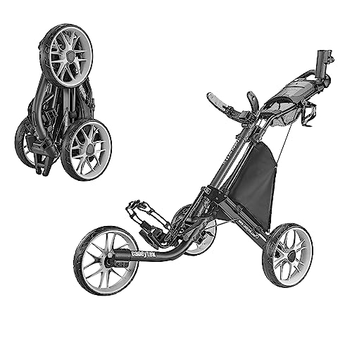 CaddyTek 3 Wheel Golf Push Cart - Foldable Collapsible Lightweight Pushcart with Foot Brake - Easy to Open & Close - Dark Grey