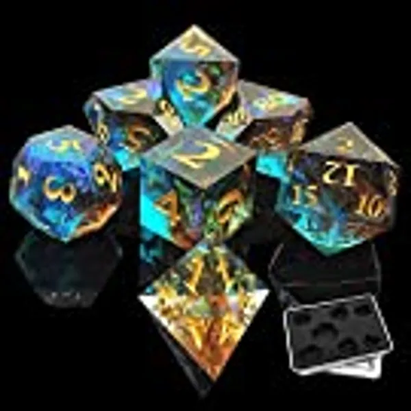DND Dice Set 7pcs D&D Dungeons and Dragons RPG MTG Polyhedron with Sharp Edges Resin Dice Pathfinder Tabletop Game Collection and Gifts D20 D12 D10 D% D8 D6 D4 Black Storage Bag-Brown Blue