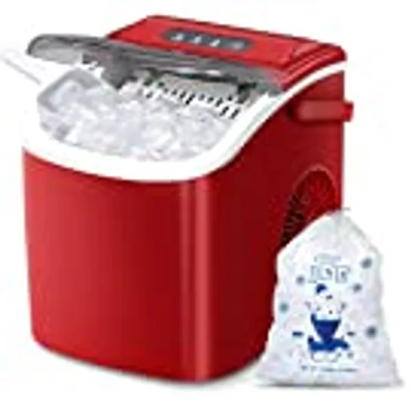 AGLUCKY Ice Makers Countertop,Protable Ice Maker Machine with Handle,Self-Cleaning Ice Maker, 26Lbs/24H, 9 Ice Cubes Ready in 8 Mins, for Home/Office/Kitchen(Red)