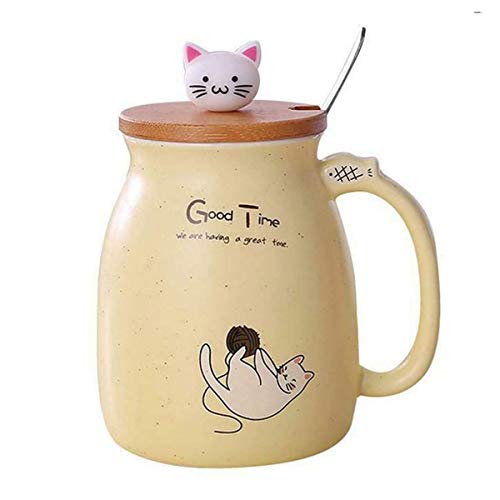 HwaGui - Cute Cat Ceramic Mug With Spoon And Three-Dimensional Kitty Wood Lid, Coffee Cup, Tea Cup, Milk Cup For Present, Yellow 450ml/15oz - cat yellow mug