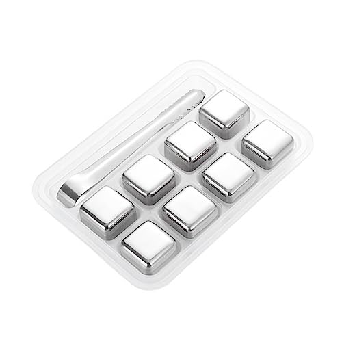 8 Pieces Stainless Steel Whiskey Cooling Stone, Reusable Ice Cube, High Cooling TechnologyFor Whiskey, Vodka, Liqueur, Wine, Beverage Juice Or Soda, Tray With Clamps and Ice Cube