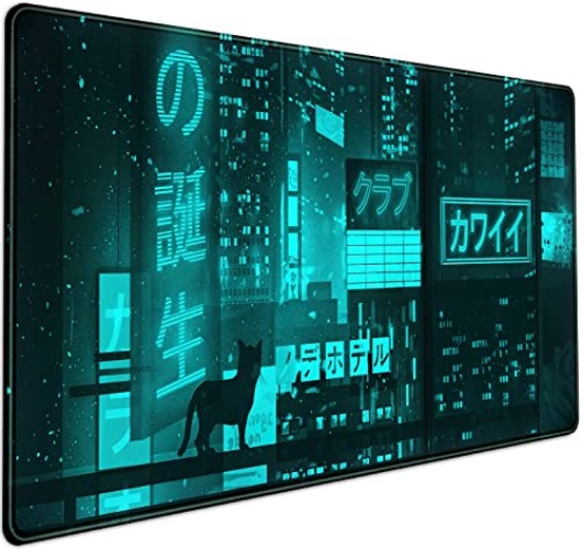 Cyan Green Japanese Desk Mat, Neon Tokyo Extended Mouse Pad Anime Cat Desk Pad, Gaming Mousepad XXL, Large Keyboard Mat for Gamers, Cool Computer Mat for Desk with Stitched Edges 31.5X15.7 in - Q-vaporwave Ice Blue City