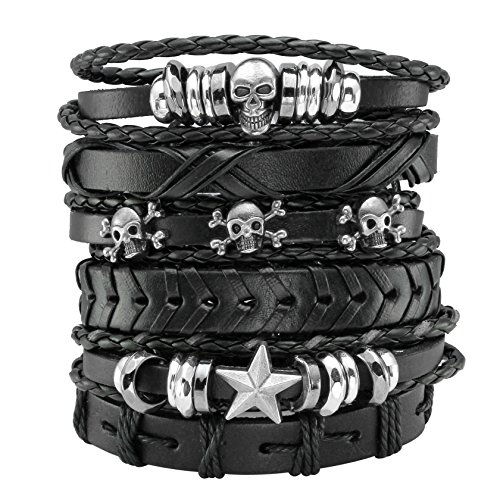 MILAKOO 6Pcs Men Braided Leather Bracelet Black Punk Rock Skull Bracelet - A: Black