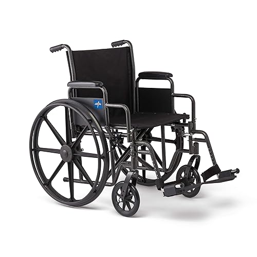 Medline Durable Steel Wheelchair with Flip-Back Desk-Length Arms, Swing Away Footrests, 20-Inch Wide Seat, 300-Ib Weight Capacity, Black - 20" Seat Width