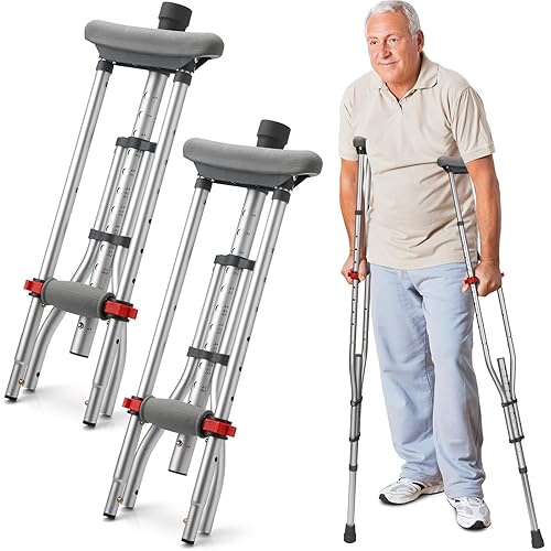 Geiserailie 1 Pair Folding Lightweight Underarm Crutches with Height Adjustment up to 300 Lbs Aluminum Walking Aid for Adults Elder Range 4'6”– 6'6” with Underarm Pad and Hand Grip