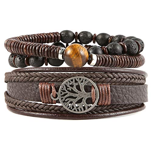 HZMAN Genuine Leather Tree of life Bracelets Men Women, Tiger Eye Natural Stone Lava Rock Beads Ethnic Tribal Elastic Bracelets Wristbands - Tiger Eye Stone -- Brown
