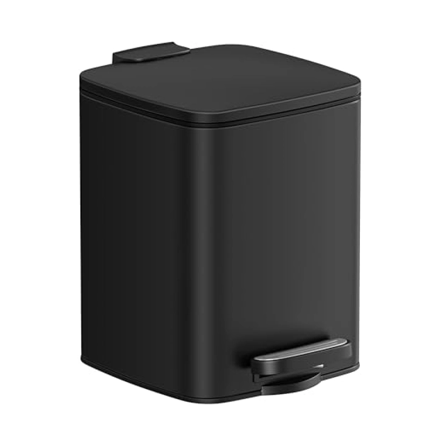 SONGMICS Kosmetikeimer, 6 Liter, Mülleimer Bad, kleiner Abfalleimer, Tretmülleimer, mit Pedal, für kleine Räume, mit Deckel, Softclose, Stahl, schwarz LTB590B0602
