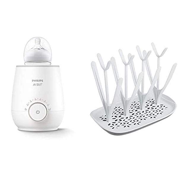 Philips AVENT SCF358/00 Flaschenwärmer für schnelles und gleichmäßiges Erwärmen von Milch & Babynahrung, weiß & SCF149/00 Trockenständer, weiß/blau