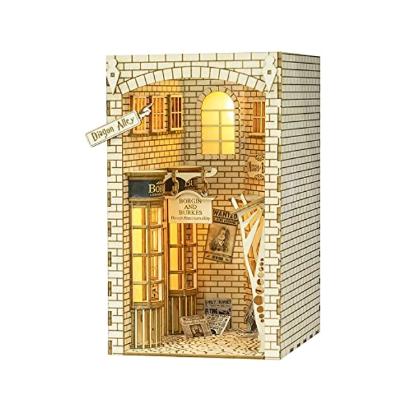 Cutefun Book Nook Kit,DIY Miniatur Puppenhaus Buchstützen Modell Wooden Bookshelf Inserts LED BookNook mit Licht 3D Holzpuzzle Craft Zuhause Deko für Jugendliche und Erwachsene(Magic Alley)