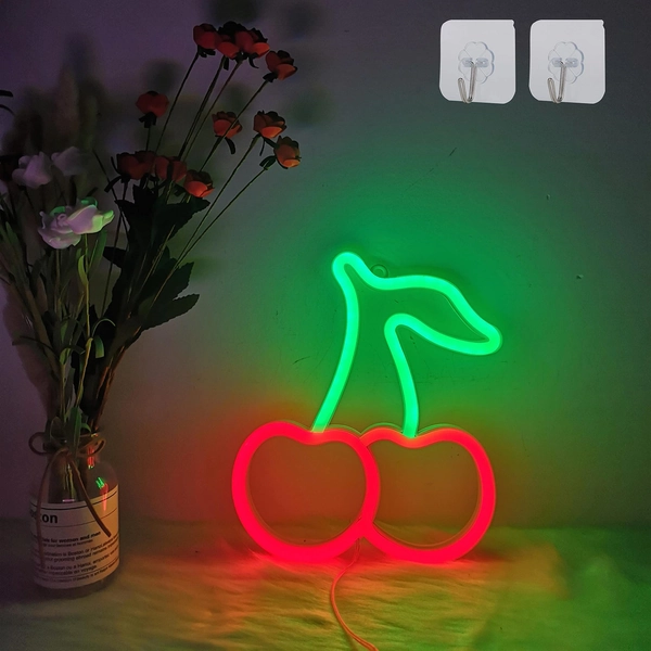 ENUOLI Cherry Neon Light Sign Led Neon Sign mit 2 Haken USB/Batteriebetriebene Neon Nachtlicht Neon Sign Lampe für Wanddekor Neon Night Light Neon Light Shade für Home Parties Dekoration (Rot&Grün)