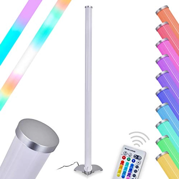LED Stehlampe Laugar aus Metall in Nickel-matt mit weißer Kunststoffröhre, 6 Watt, 120 cm Höhe, Stehleuchte mit RGB Farbwechsler und Fernbedienung