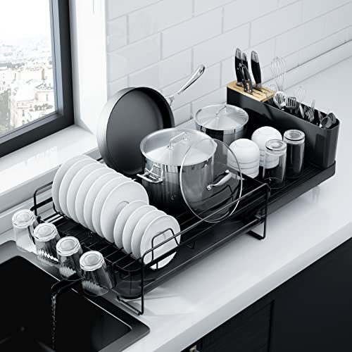 Kitsure Large Dish Drying Rack - Extendable Dish Rack, Multifunctional Dish Rack for Kitchen Counter, Anti-Rust Drying Dish Rack with Cutlery & Cup Holders - Black - Extendable