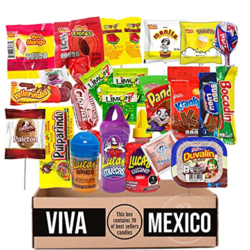 Mexican Candy Box - SPICY + SWEET Mix - 70 Count Dulces Mexicanos Best Sellers Spicy + Sweet Bulk, Includes Vero, Lucas, Picafresa, Duvalin, Bubulubu, Panditas, Kranky, Oblea, Glorias, Coronado & more