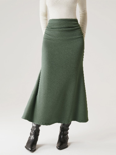Ruched Side Mermaid Maxi Skirt-Brushed Inside - Moss / XL