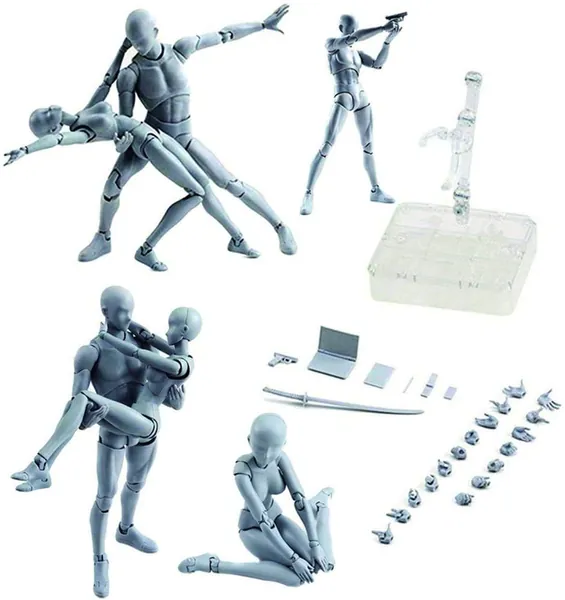 Action Figures Body-Kun DX & Body-Chan DX PVC Figure Model Drawing for S H Figuarts with Box for Artists (Female+Male, Grey)