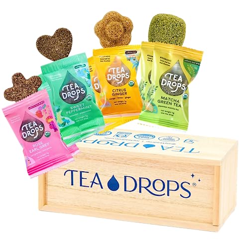Tea Drops Lightly Sweetened Loose Leaf Tea Gift Box | Bagless Caf/Decaf Variety Tea Assortment - Wooden Gift Box | Matcha Green, Rose Earl Grey, Citrus Ginger, Sweet Peppermint | 8 count