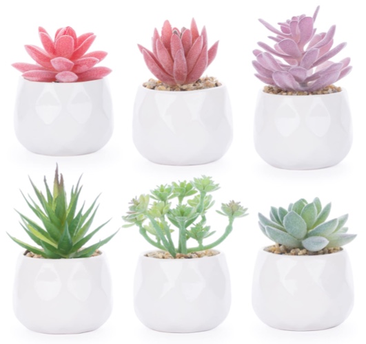 Anstore Mini Künstliche Sukkulenten mit Topf, 6 Stücke Topf Sukkulenten, Rot Grün Künstliche Topfpflanzen mit Weiße Keramiktöpfe und Steinen, Kunstpflanzen Sukkulenten für Home Office Dekoration - Style 2