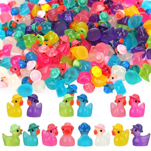 GGSTDDUP 80 Pack Luminous Mini Resin Ducks, Mini Ducks Tiny Duck Miniature Duck Figures Wearing Hat, Glow in The Dark DIY Crafts Cake Decor for Micro Landscape Dollhouse Garden (8 Colors) - 80pcs