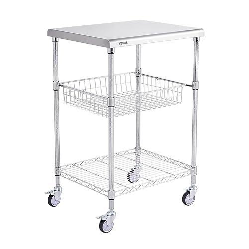 VEVOR Kitchen Utility Cart, 36.6"x20"x24" 3 Tiers Wire Rolling Cart, 470LBS Capacity Steel Service Cart with Brake Wheels, Storage Trolley with 76mm Basket PP Liner 6 Hooks, for Indoor & Outdoor Use - Drawer Cart - 24"D x 20"W x 36.6"H