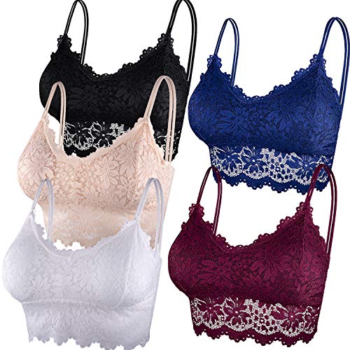 Duufin 5 Pcs Lace Bralettes for Women Bralette Padded Lace Bandeau Bra - Large-X-Large - Red，blue， Black, Beige, White