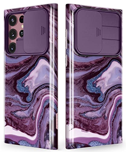 GVIEWIN Designed for Samsung Galaxy S22 Ultra Case with Slide Camera Cover, [Military Grade Drop Protection] Marble Slim Fit Shockproof Protective Phone Case for S22 Ultra 5G 6.8" 2022(Quicksand) - A-Quicksand/Purple