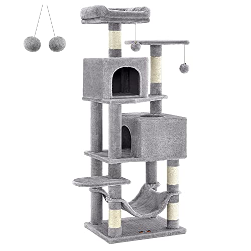 Feandrea Cat Tree, 61-Inch Cat Tower for Indoor Cats, Plush Multi-Level Cat Condo with 5 Scratching Posts, 2 Perches, 2 Caves, Hammock, 2 Pompoms, Light Gray UPCT192W01 - L (19.3 x 15.7 x 61 Inches) - Light Gray