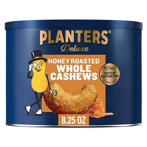 PLANTERS Deluxe Honey Roasted Whole Cashews, Party Snack, Plant-Based Protein, After School Snack, Sweet and Salty Snack Nuts, Quick Snack for Adults, Flavored Cashews, Kosher, 8.25oz Canister - Honey Roasted - 8.25 Ounce (Pack of 1)