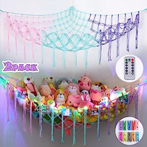 Beinou Stuffed Animal Net Or Hammock 2Pcs Stuffed Animal Storage with Led Lights Hanging Plush Toy Hammock Corner Toy Storage for Kids Playroom Nursery Decor - Water Green Pink Purple