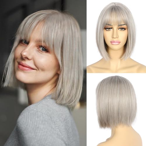 SAPPHIREWIGS Silver Bob Wig with Bangs,Short Highlight grey Bob Wigs for Women,Natural Looking Short Straight Silver Bob Halloween Wig for Daily Party Cosplay Use… - Highlight Grey