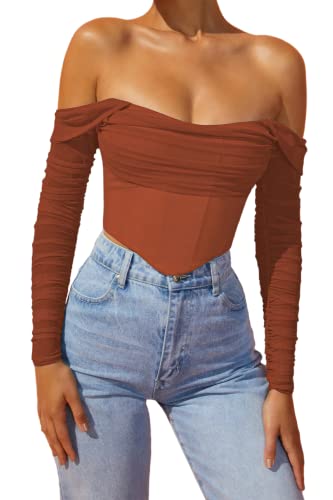 AHAIJ Mesh Sheer Long Sleeve Corset Crop top Ruched off Shoulder Blouse Push Up Party Boned Bustier for Cute Women - Brown - Small