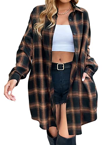 Blooming Jelly Women's Button Down Flannel Shirts Plaid Shacket Long Sleeve Collared Long Jacket Coats - Medium - Brown Plaid