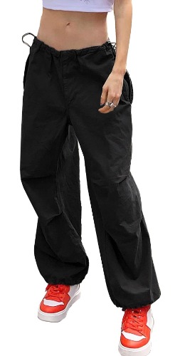 FEOYA Women Cargo Pants Baggy Hip Hop Sweatpants with Drawstring Streetwear Loose Straight Casual Trousers - Black - Small