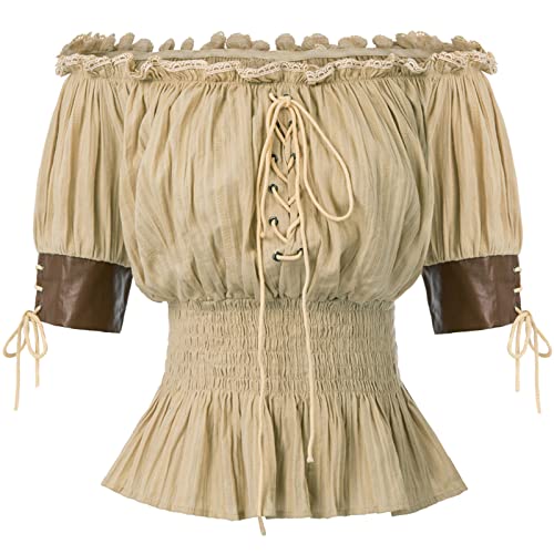 Belle Poque Women's Off Shoulder Tops Vintage Renaissance Steampunk Blouse Summer Shirt - Kaki - Small