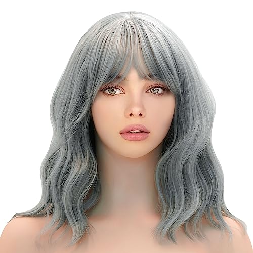Short Bob Wigs with Air Bangs for Women Loose Wavy Wig Curly Wavy Shoulder Length Natural Synthetic Hair Daily Party Use Colorful Cosplay Wig for Girls (14 Inch,Mix Grey) - Mix Grey