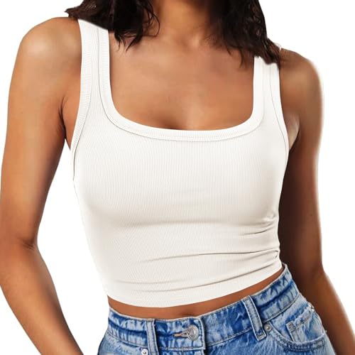 RIROW Womens Sleeveless Fitted Tank Top 2024 New Square Neck Ribbed Basic Tee XS-XL - A White - Medium