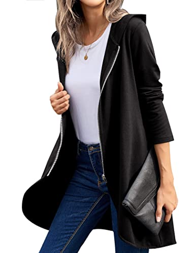Zeagoo Women's Long Zip Up Hoodie Light Oversized Thin/Fleece Tunic Hooded Sweatshirt Jacket with Pockets - Black - Medium