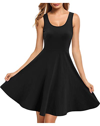 STYLEWORD Women's Summer Dress Casual Sleeveless A-Line Cotton Skater Flared Tank Swing Dresses - Small - Black