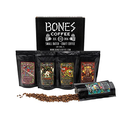 Bones Coffee Company NEW World Tour Sample Pack | Ground Coffee Beans Sampler Gift Box Set | 4 oz Pack of 5 Assorted Single-Origin Gourmet Coffee Gifts | Medium Roast Coffee Beverages (Ground) - World Tour Sample Pack - 20 oz Ground Coffee