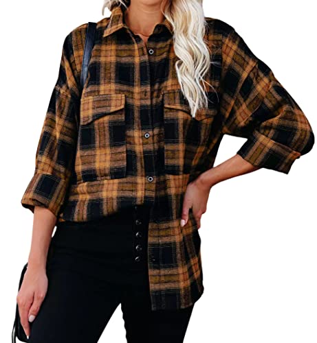 Oyamiki Womens Flannel Plaid Shirts Roll Up Long Sleeve Button Down Collared Blouses Work Office Casual Tops - Medium - Orange Black Plaid