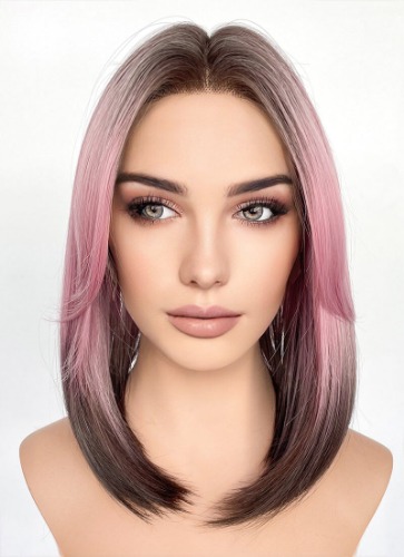 Pink Brown Ombre Curtain Bangs Straight Lace Front Synthetic Hair Wig LF3318 | Pink Brown Ombre