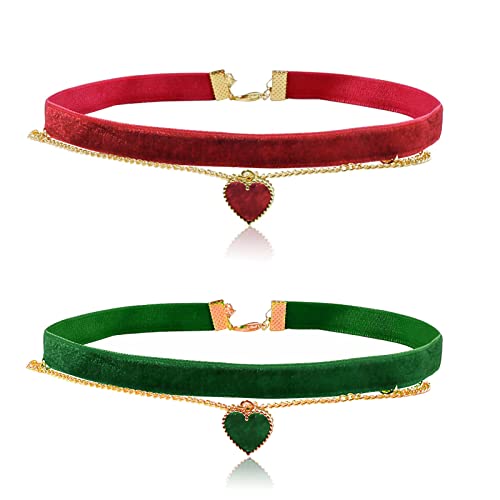 2 Pcs Heart Choker Necklace Red Choker Necklaces for Women Vintage Goth Velvet Choker Layered Choker Necklace for Girls Classic Collar Necklaces - Red Green