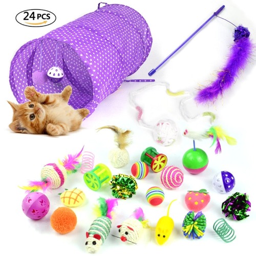 24 pcs Cat Toys Set with Foldable Tunnel
