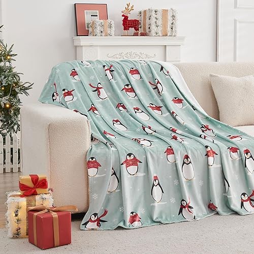Gogreen Cozy Blanket Printed Blanket Christmas Penguin Blanket - 300 GSM Fleece Blanket Throw Size Blanket for Home Decoration - Ultra Soft Blanket Microfiber Throw Blanket (Throw - 50" x 60") - C - Christmas Penguin - Throw (50" x 60")