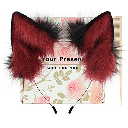 HAOAN Handmade Cat Fox Fur Ears Hairhoop Headwear Anime Fancy Dress Party Cosplay Halloween Costume Headband For Women - Blackred