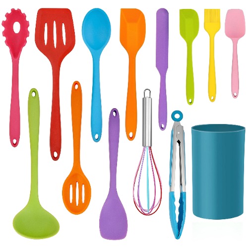 LIANYU 14 Pcs Cooking Utensils Set with Holder, Silicone Kitchen Cookware Utensils Set, Heat Resistant Cooking Gadget Tools Includes Spatula Spoon Turner Whisk Tong, Dishwasher Safe, Colorful - Colorful