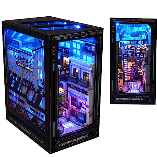 DIY Dollhouse Booknook Bookshelf Insert Decor,DIY Book Nook Kit, 3D Wooden Puzzle with LED Lighting Book Nook Bookshelf Insert Wood Bookend Model Building