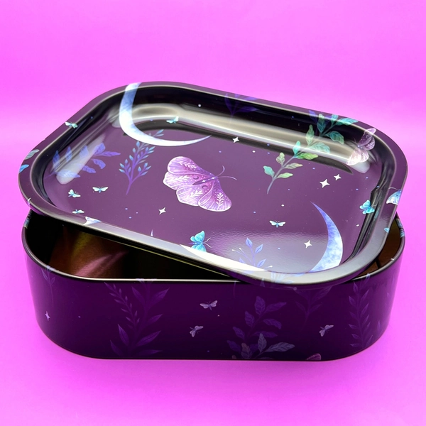 Stash Box with Rolling Tray Lid, Metal Storage Kit - Container for Jewelry, Candy, Smoke Accessories - Moon/Butterfly Design with Gift Box